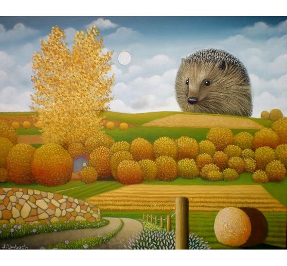 222_loplop_Herbstlandschaft mit Igel, 50 x 60 cm, Acryl auf Leinwand (2021)