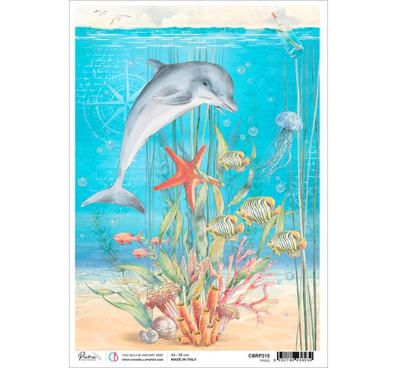 Motif straw silk "Dolphins and message in a bottle"