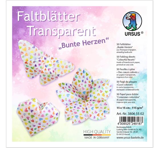 Feuilles de pliage en papier transparent « Cœurs multicolores » 