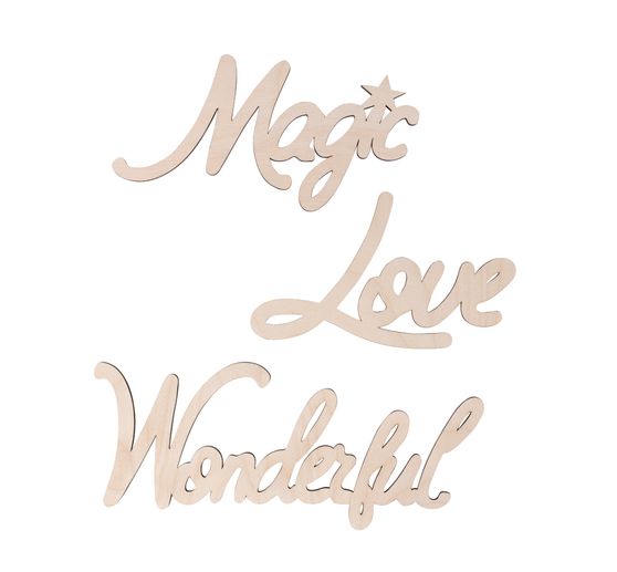 Inscriptions en bois « Magic-Love-Wonderful », set de 3