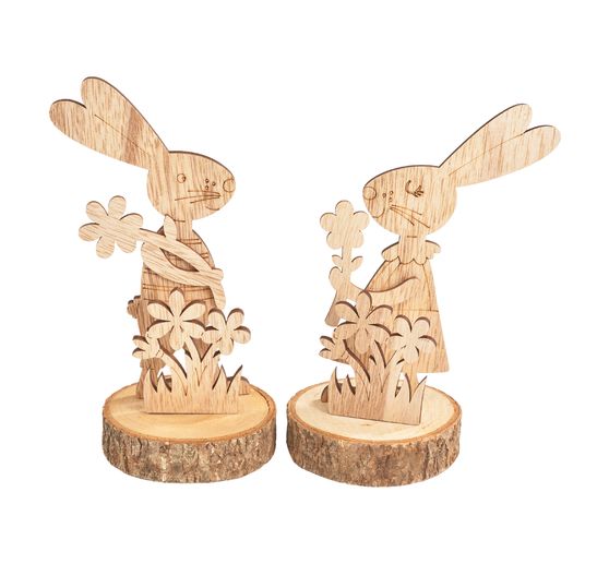 Décorations à emboîter en bois sur rondelle d'écorce VBS « Lapins Bugs et Bea »