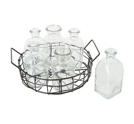 Wire basket with 6 glass bottles