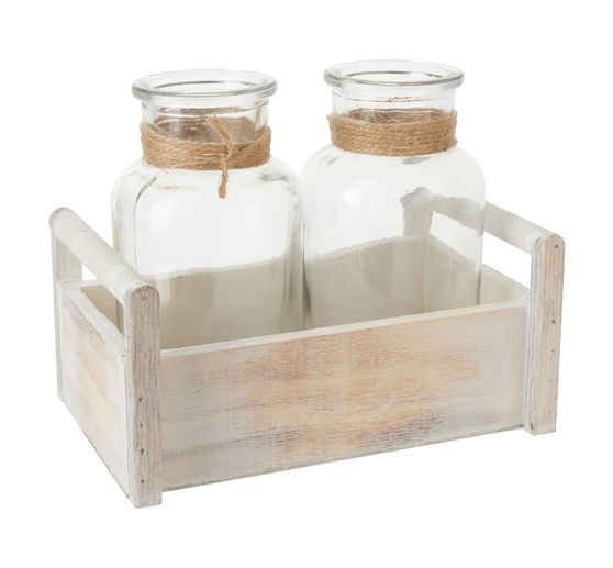 Wooden box with 2 glass bottles