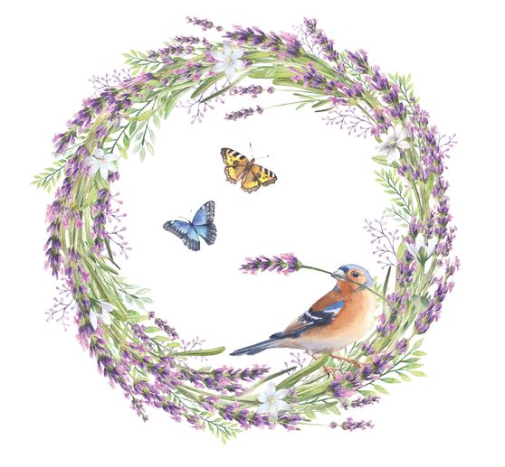 Napkin "Chaffinch in a lavender wreath"