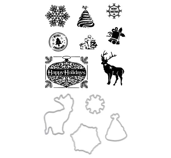Set de gabarits d'estampe et tampons « Happy Holidays »