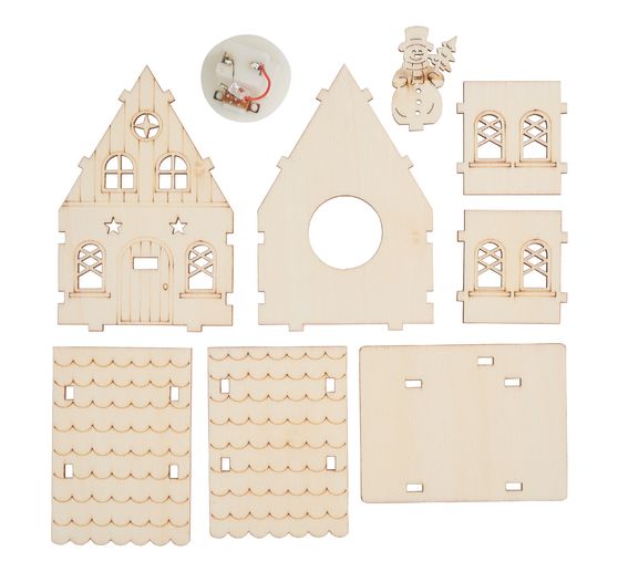 Kit de construction en bois VBS « Maison avec bonhomme de neige », éclairage LED inclus