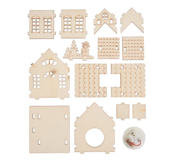 Kit de construction en bois VBS « Maison avec tour et bonhomme de neige », éclairage LED inclus