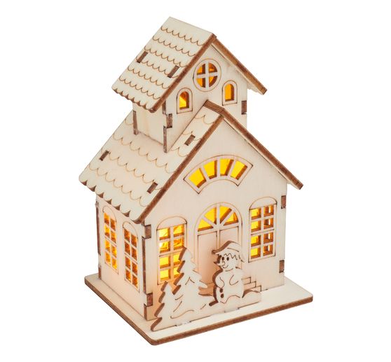 Kit de construction en bois VBS « Maison avec tour et bonhomme de neige », éclairage LED inclus