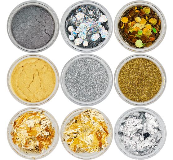 Assortiment de particules or-argent, 9 pots