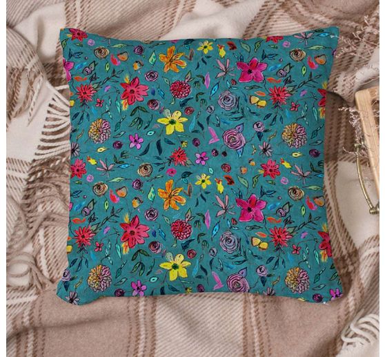 Polyester-Stoff "Blumen-Türkis"