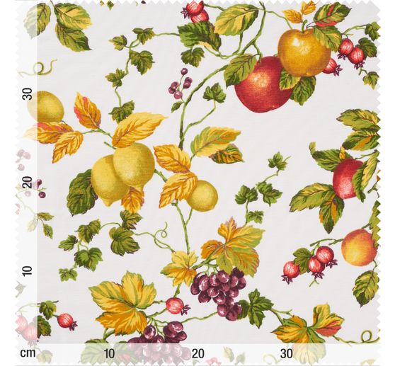 Tissu déco imprimé aspect lin au mètre « Fruits et feuilles »