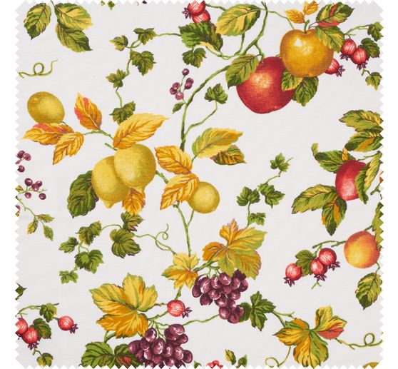 Tissu déco imprimé aspect lin au mètre « Fruits et feuilles »