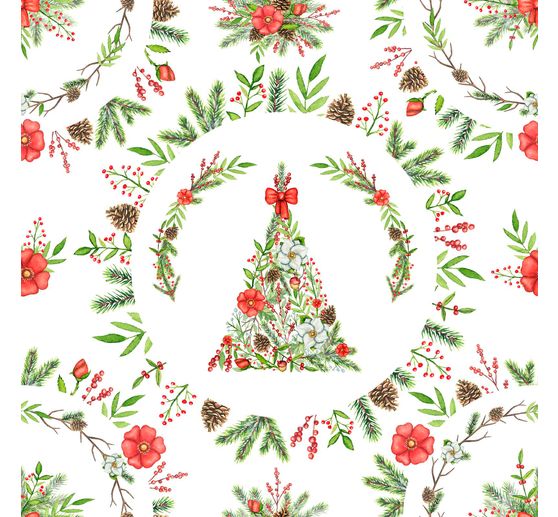 Tissu déco imprimé aspect lin au mètre « Sapin de Noël »