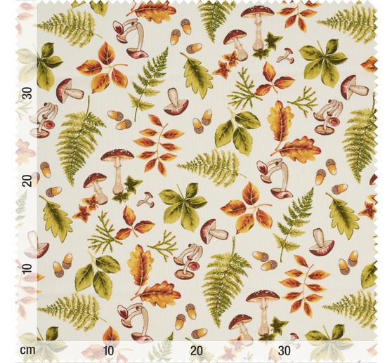 Motiv-Stoff Leinenoptik "Herbstblätter und Pilze"