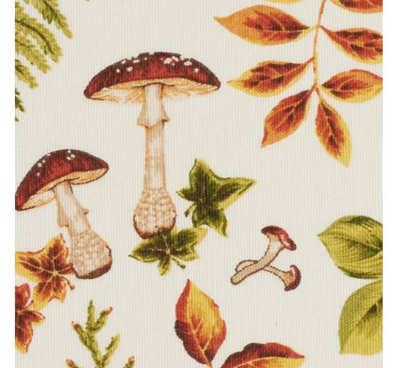 Motiv-Stoff Leinenoptik "Herbstblätter und Pilze"