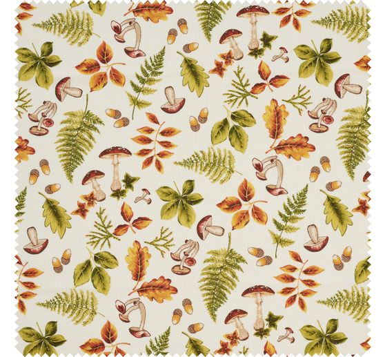 Motiv-Stoff Leinenoptik "Herbstblätter und Pilze"