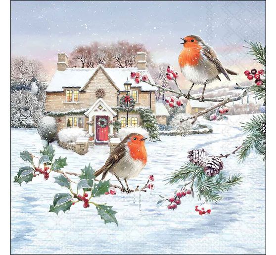 Serviette &laquo; Rouge-gorge en hiver &raquo;