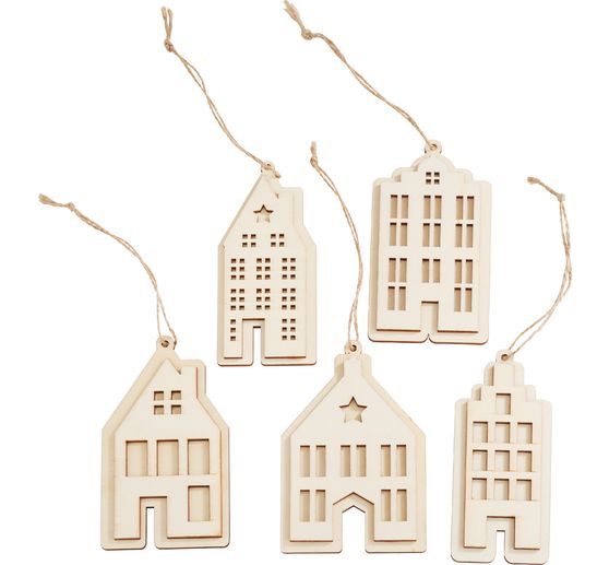 D&eacute;corations &agrave; suspendre en bois &laquo; Maisons &raquo;