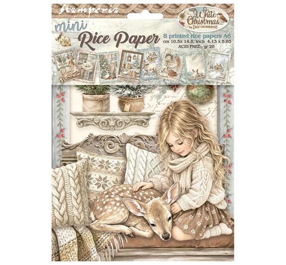 Assortiment de soies de paille &agrave; motifs Stamperia &laquo; White Christmas &raquo;, DIN A6, set de 8 pi&egrave;ces