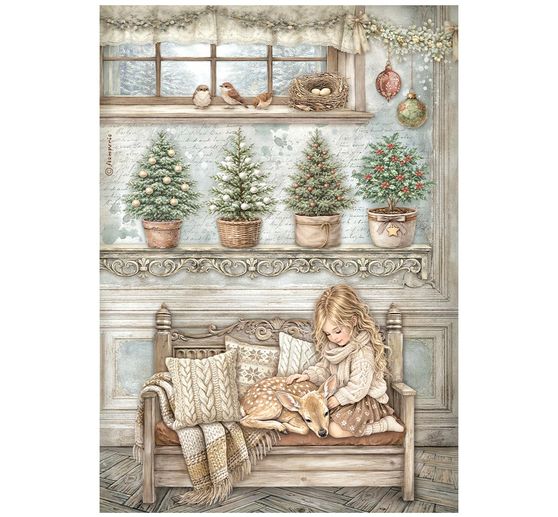 Assortiment de soies de paille &agrave; motifs Stamperia &laquo; White Christmas &raquo;, DIN A4, set de 6 pi&egrave;ces
