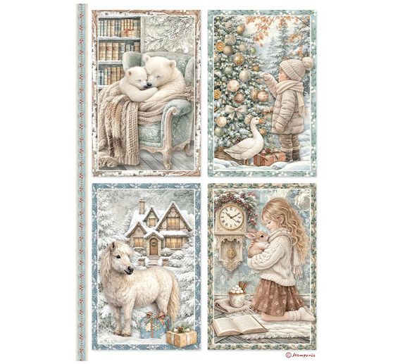 Assortiment de soies de paille &agrave; motifs Stamperia &laquo; White Christmas &raquo;, DIN A4, set de 6 pi&egrave;ces
