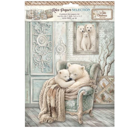 Assortiment de soies de paille &agrave; motifs Stamperia &laquo; White Christmas &raquo;, DIN A4, set de 6 pi&egrave;ces