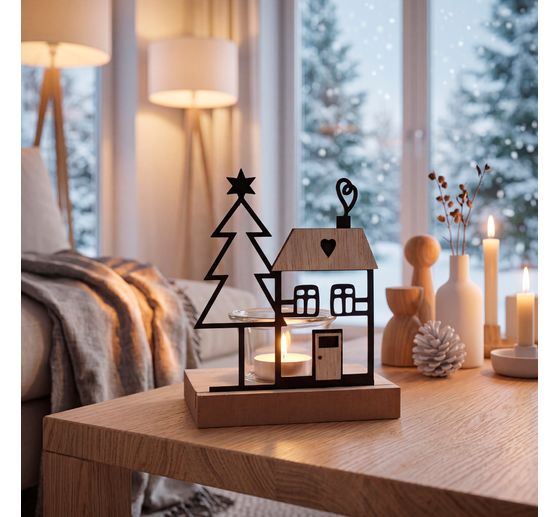 Bougeoir pour bougie chauffe-plat VBS &laquo; Maison & sapin &raquo;, avec verre