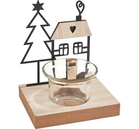 Bougeoir pour bougie chauffe-plat VBS &laquo; Maison & sapin &raquo;, avec verre