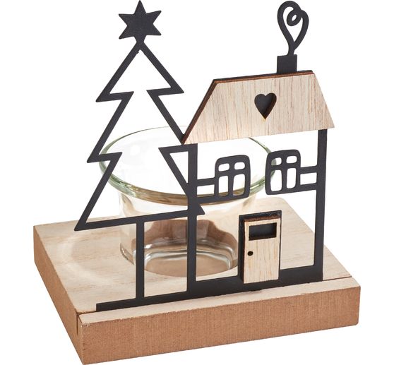 Bougeoir pour bougie chauffe-plat VBS &laquo; Maison & sapin &raquo;, avec verre