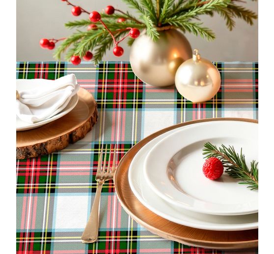 Motif fabric linen look "Tartan check-White", acrylic-coated