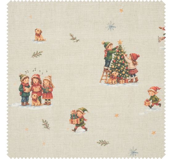 Tissu coton au m&egrave;tre &laquo; Enfants de No&euml;l Nostalgie &raquo;, enduction acrylique
