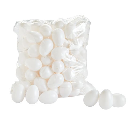 100 œufs déco, plastique blanc mat, env. 6 cm, Gros acheteurs VBS