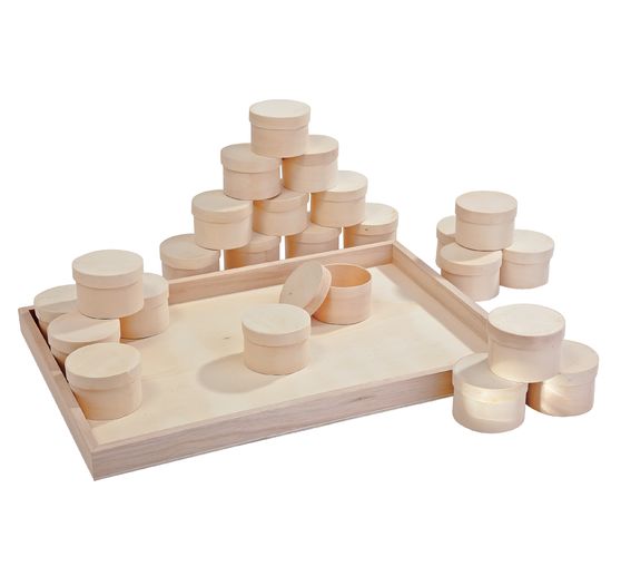 Plateau + 24 boîtes rondes en aggloméré VBS