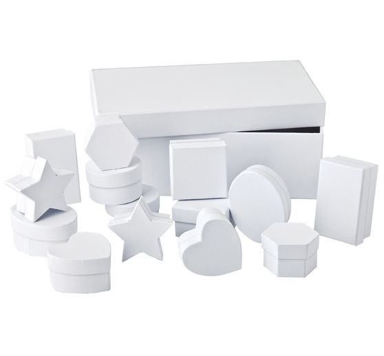 Boîtes cadeaux, set de 15, en carton Blanc, gr. boîte env. 24x12x8cm pt.boîte env. 7,5-5,5cm, H 3,5cm