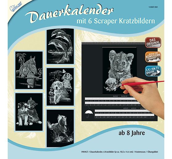 Kratzbilder "Dauerkalender Tiere", Silber, 6 Motive, 10,5 x 14,5 cm